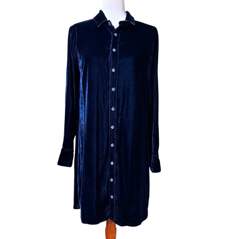 CP Shades S Blue Velvet Tunic Shirt Dress Long Sleeve Button Down Silk Rayon EUC